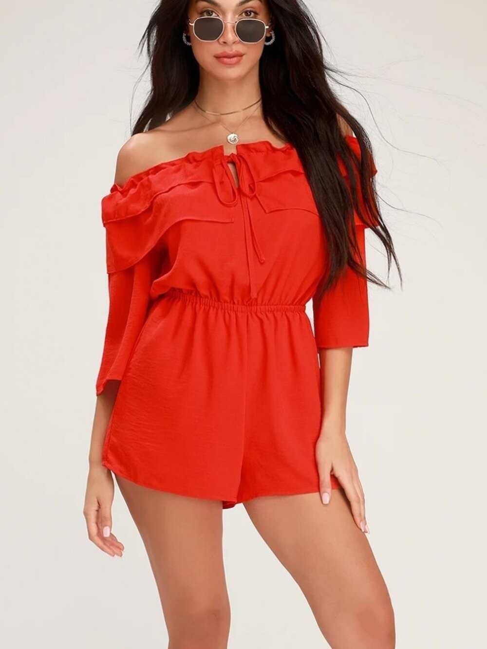 Jack by BB Dakota Showstopper Red Ruffled Off-the-Shoulder Romper